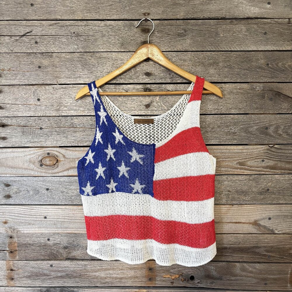 The Classic American Flag Crochet Knitted Sleeveless Tank Sweater Top - Size L